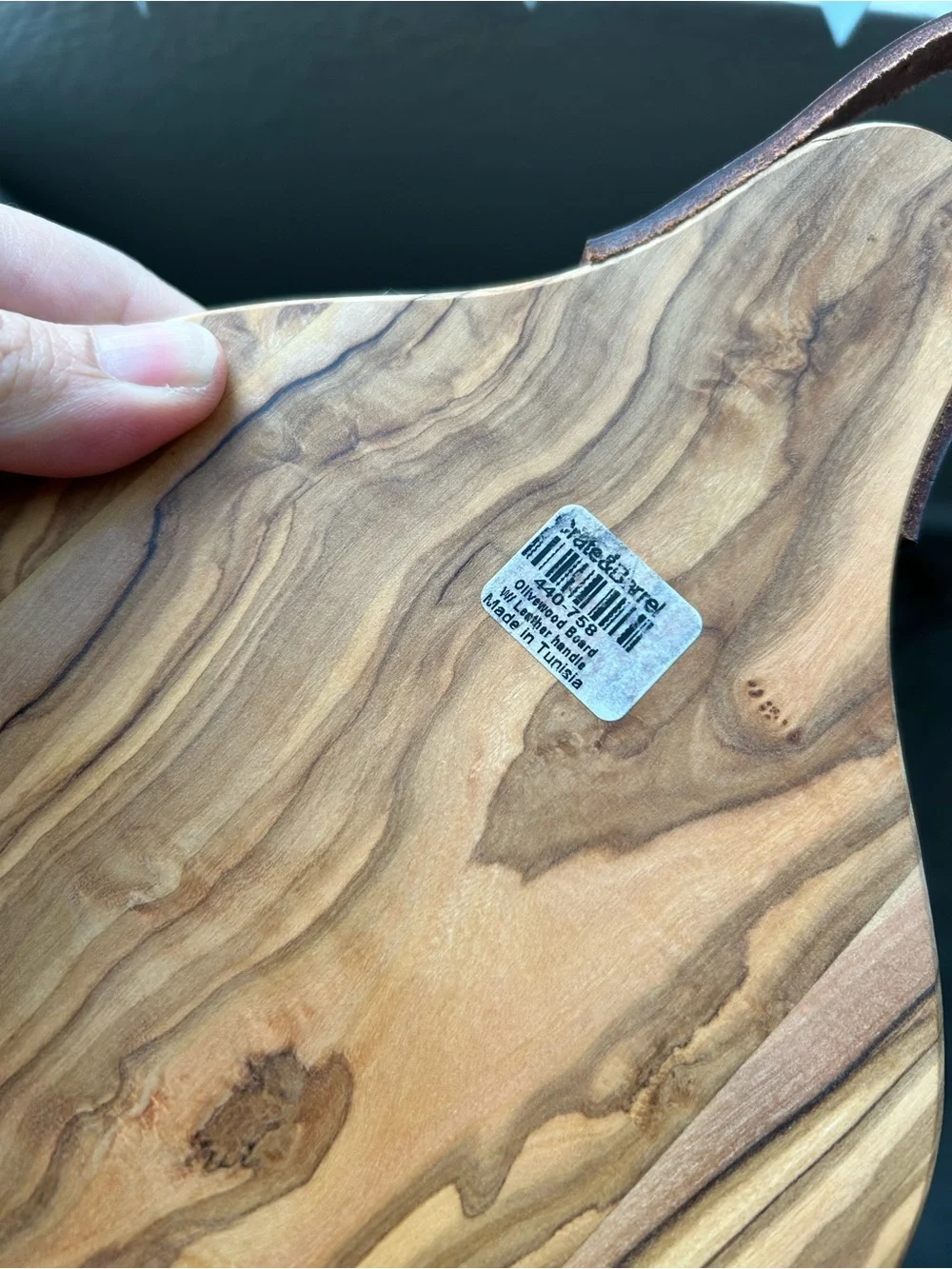 Crate&Barrel Olive Wood Serving Board with Brown Leather Loop